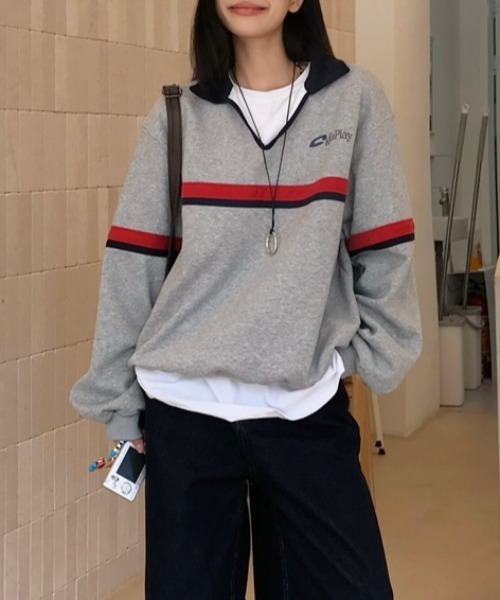 SHEENA(シーナ)の「オーバーサイズポロ襟スキッパートレーナー(スウェット・レディース・グレー・M)」の5枚目の写真