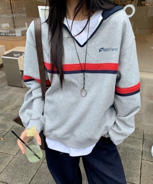 SHEENA(シーナ)の「オーバーサイズポロ襟スキッパートレーナー(スウェット・レディース・グレー・M)」の6枚目の写真
