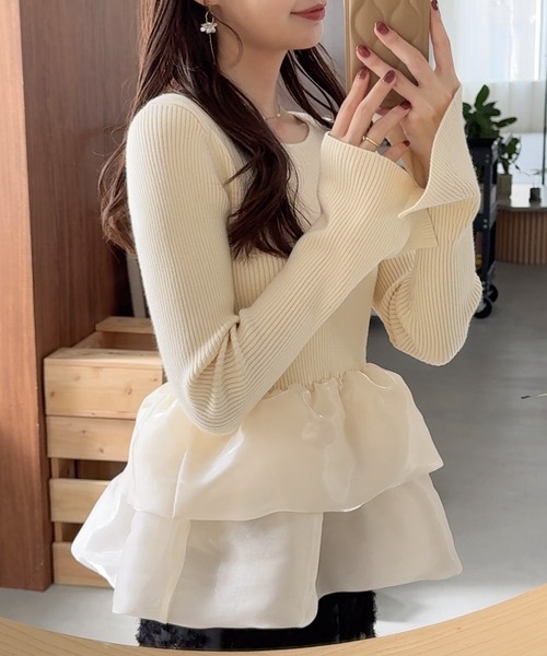 セール】フレア袖ペプラムドッキングニットトップス（ニット/セーター