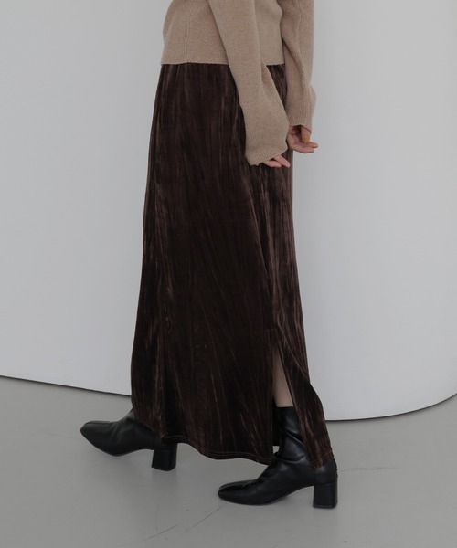 hellam(へラム)の「クラッシュベロアナロースカート(スカート・レディース・ブラウン/ブラック・FREE)」の1枚目の写真