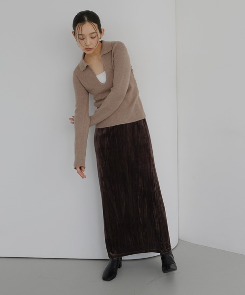 hellam(へラム)の「クラッシュベロアナロースカート(スカート・レディース・ブラウン/ブラック・FREE)」の3枚目の写真