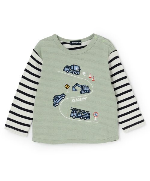 kladskap（クレードスコープ）の「【人気商品再入荷】【直営店で取り扱い無し】働く車刺しゅう接結長袖Tシャツ（Tシャツ/カットソー・キッズ・レンガ/ライトカーキ・90cm/100cm/130cm/120cm/110cm）」の2枚目の写真