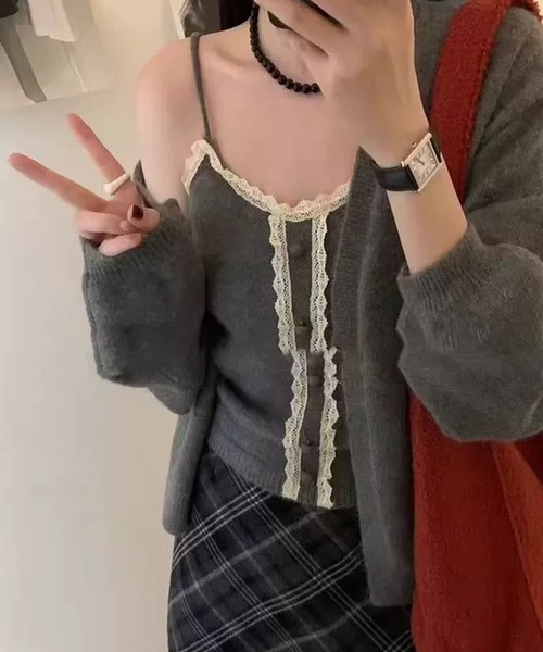 meJane（ミージェーン）の「レーストリム アンサンブルニット（アンサンブル・レディース・ブラック/グレー・FREE）」の2枚目の写真