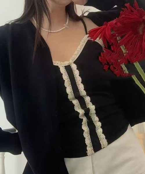 meJane（ミージェーン）の「レーストリム アンサンブルニット（アンサンブル・レディース・ブラック/グレー・FREE）」の3枚目の写真