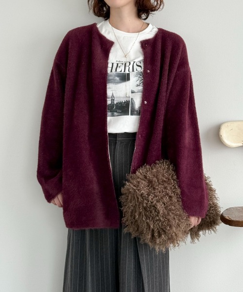 Doux archives(ドゥアルシーヴ)の「ダブルフェイスノーカラーニットジャケット(カーディガン/ボレロ・レディース・ミント/ワイン/グレー・FREE)」の3枚目の写真