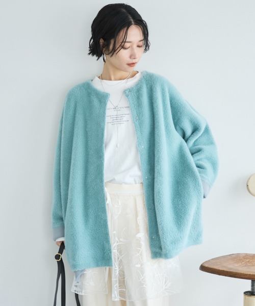 Doux archives(ドゥアルシーヴ)の「ダブルフェイスノーカラーニットジャケット(カーディガン/ボレロ・レディース・ミント/ワイン/グレー・FREE)」の2枚目の写真