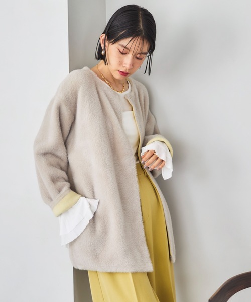 Doux archives(ドゥアルシーヴ)の「ダブルフェイスノーカラーニットジャケット(カーディガン/ボレロ・レディース・ミント/ワイン/グレー・FREE)」の18枚目の写真