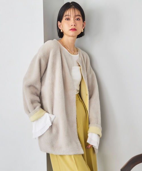 Doux archives(ドゥアルシーヴ)の「ダブルフェイスノーカラーニットジャケット(カーディガン/ボレロ・レディース・ミント/ワイン/グレー・FREE)」の19枚目の写真