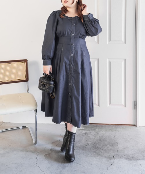 CLETTE(クレット)の「CLETTEオリジナル配色ステッチスクエアネックワンピース(ワンピース・レディース・モカ/ネイビー/ブラック・LL/3L/4L)」の3枚目の写真