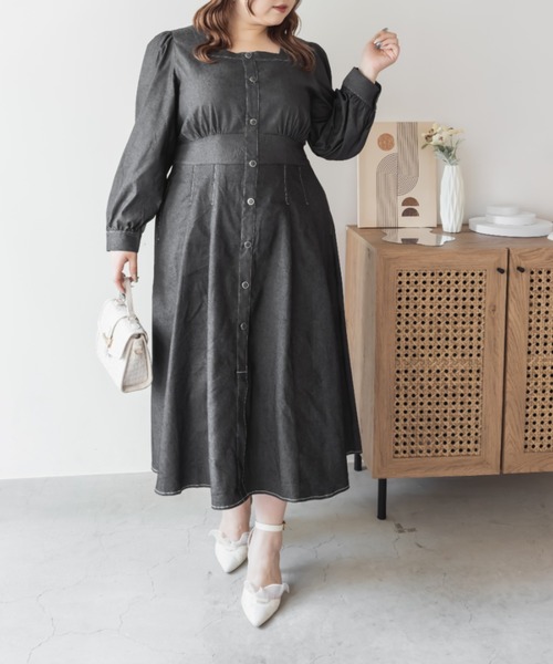 CLETTE(クレット)の「CLETTEオリジナル配色ステッチスクエアネックワンピース(ワンピース・レディース・モカ/ネイビー/ブラック・LL/3L/4L)」の1枚目の写真