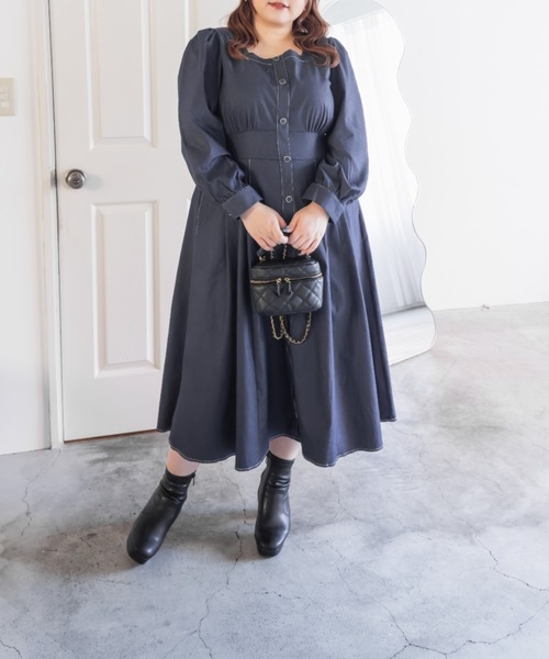 CLETTE(クレット)の「CLETTEオリジナル配色ステッチスクエアネックワンピース(ワンピース・レディース・モカ/ネイビー/ブラック・LL/3L/4L)」の13枚目の写真