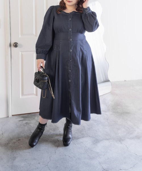 CLETTE(クレット)の「CLETTEオリジナル配色ステッチスクエアネックワンピース(ワンピース・レディース・モカ/ネイビー/ブラック・LL/3L/4L)」の15枚目の写真
