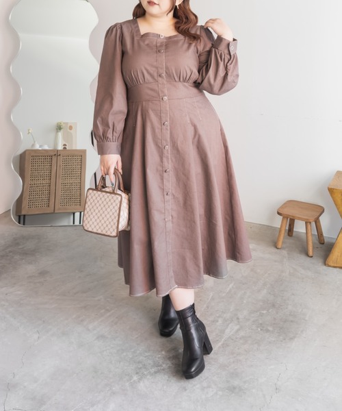 CLETTE(クレット)の「CLETTEオリジナル配色ステッチスクエアネックワンピース(ワンピース・レディース・モカ/ネイビー/ブラック・LL/3L/4L)」の9枚目の写真