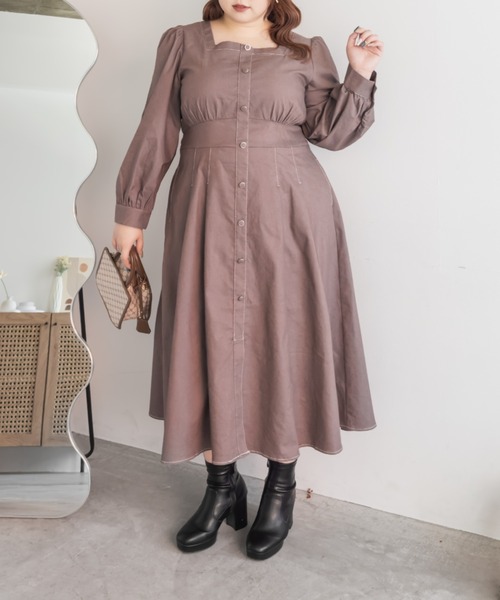 CLETTE(クレット)の「CLETTEオリジナル配色ステッチスクエアネックワンピース(ワンピース・レディース・モカ/ネイビー/ブラック・LL/3L/4L)」の10枚目の写真