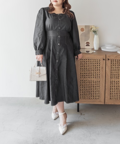 CLETTE(クレット)の「CLETTEオリジナル配色ステッチスクエアネックワンピース(ワンピース・レディース・モカ/ネイビー/ブラック・LL/3L/4L)」の4枚目の写真