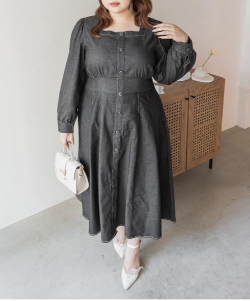 CLETTE(クレット)の「CLETTEオリジナル配色ステッチスクエアネックワンピース(ワンピース・レディース・モカ/ネイビー/ブラック・LL/3L/4L)」の5枚目の写真