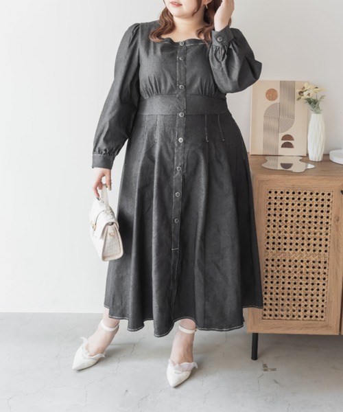 CLETTE(クレット)の「CLETTEオリジナル配色ステッチスクエアネックワンピース(ワンピース・レディース・モカ/ネイビー/ブラック・LL/3L/4L)」の6枚目の写真