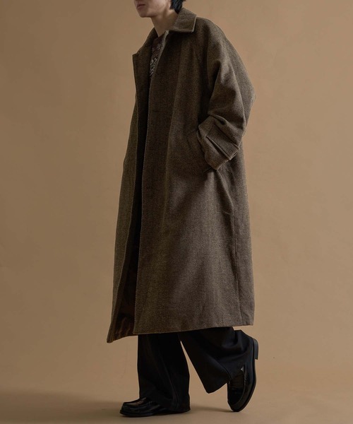 ETONE エトネ　ブラウン ヘリンボーン コート ウールブレンドヘリンボーンステンカラーコート（ステンカラーコート