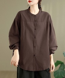 シャツワンピース ノーカラー ロングシャツワンピース」に該当する