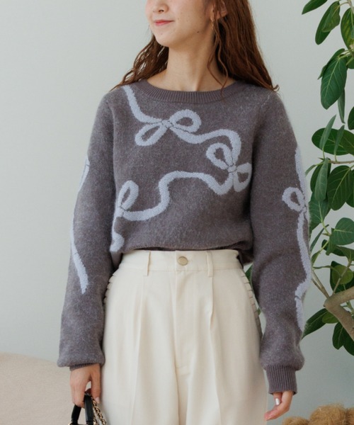 flower（フラワー）の「ルーピングリボンニット（ニット/セーター・レディース・バーガンディー/グレー・FREE）」の2枚目の写真