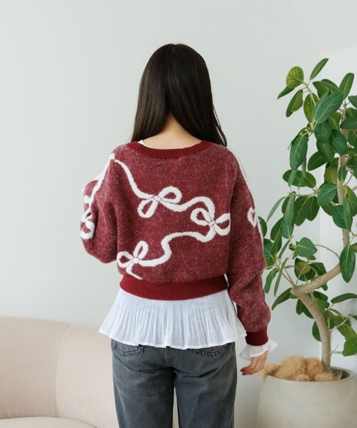 flower（フラワー）の「ルーピングリボンニット（ニット/セーター・レディース・バーガンディー/グレー・FREE）」の3枚目の写真