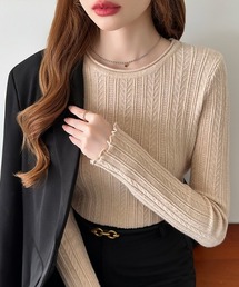 ケーブルリブニット メローデザイン クルーネック ニット 長袖 ケーブル編み リブニット レイヤードトップス 秋服 冬服