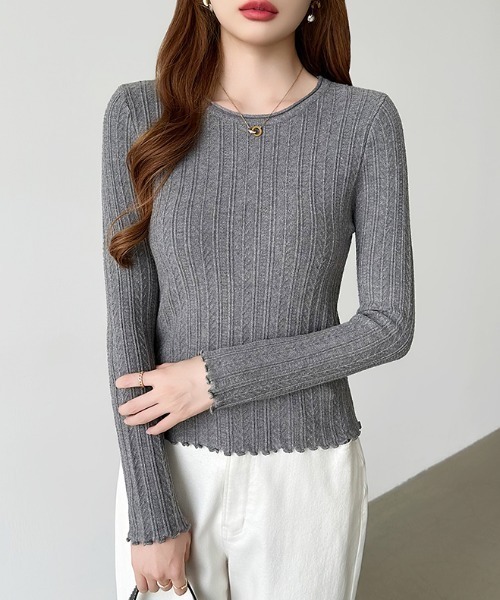 セール】ケーブルリブニット メローデザイン クルーネック ニット 長袖