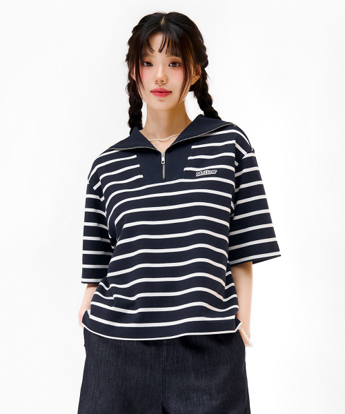 レディース ハーフジップ セーラーカラー 半袖Tシャツ - ネイビー