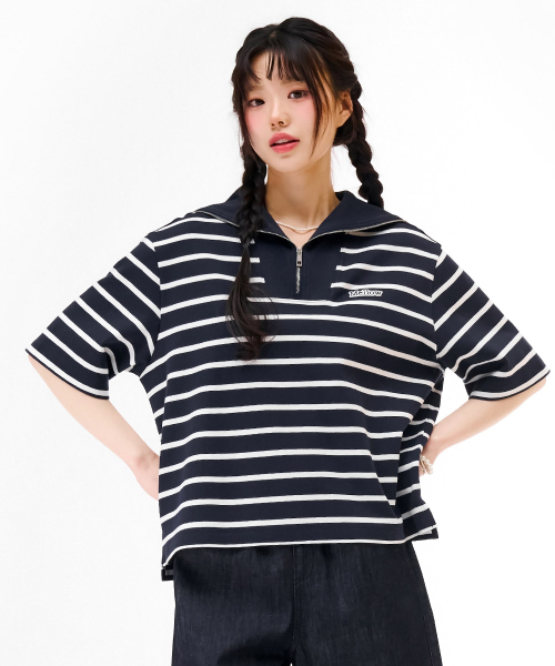 レディース ハーフジップ セーラーカラー 半袖Tシャツ - ネイビー