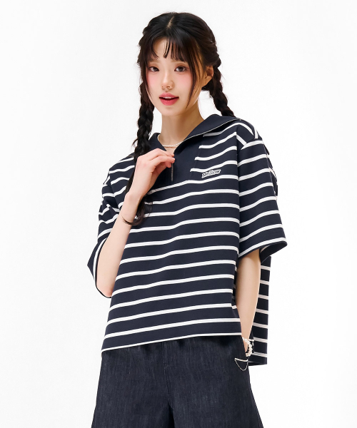 レディース ハーフジップ セーラーカラー 半袖Tシャツ - ネイビー