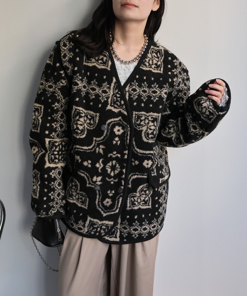 セール】総柄ノーカラーボアジャケット（ノーカラージャケット）｜ap