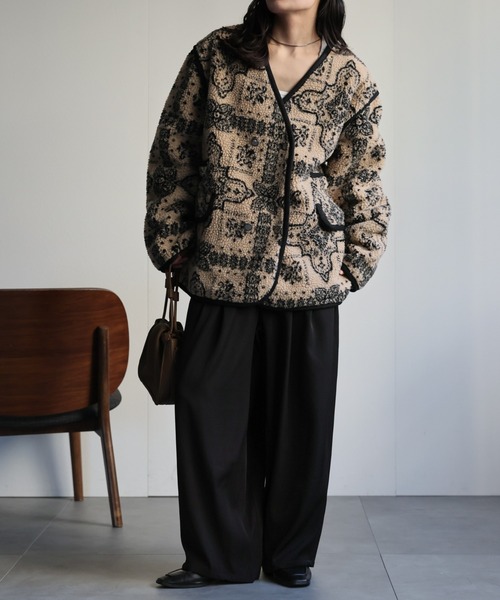 セール】総柄ノーカラーボアジャケット（ノーカラージャケット）｜ap