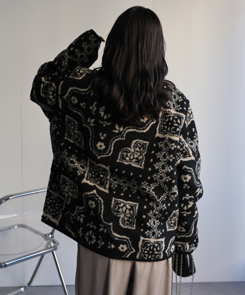 セール】総柄ノーカラーボアジャケット（ノーカラージャケット）｜ap