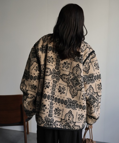 セール】総柄ノーカラーボアジャケット（ノーカラージャケット）｜ap