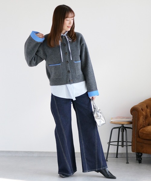 cepo（セポ）の「アルパカタッチダブルフェイス袖配色カーディガン２（カーディガン/ボレロ・レディース・グレー/チャコール/ベージュ・M）」の5枚目の写真