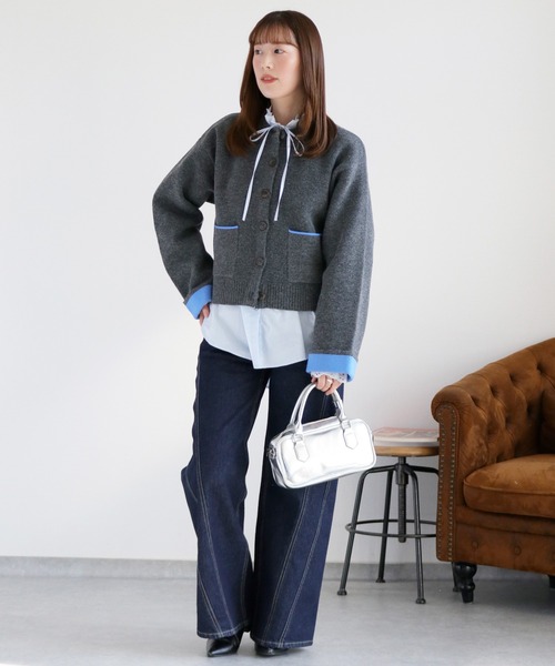 cepo（セポ）の「アルパカタッチダブルフェイス袖配色カーディガン２（カーディガン/ボレロ・レディース・グレー/チャコール/ベージュ・M）」の4枚目の写真