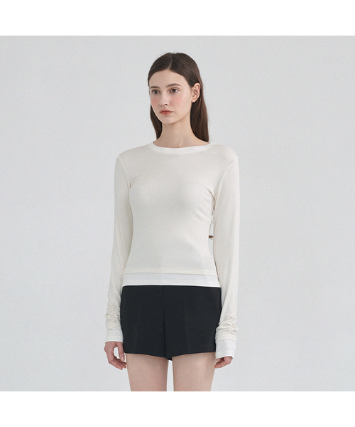 MICANE(ミケーネ)の「コアレイヤードウール-テンセルTシャツ(Tシャツ/カットソー・レディース・Cream/バーガンディー/ネイビー・X-LARGE/SMALL/MEDIUM/LARGE)」の1枚目の写真