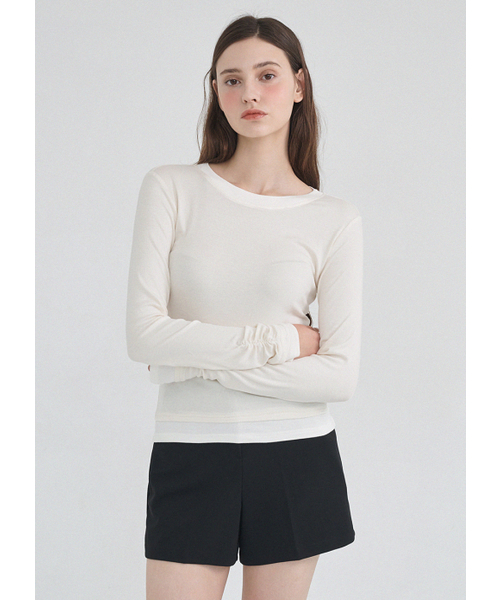MICANE(ミケーネ)の「コアレイヤードウール-テンセルTシャツ(Tシャツ/カットソー・レディース・Cream/バーガンディー/ネイビー・X-LARGE/SMALL/MEDIUM/LARGE)」の8枚目の写真