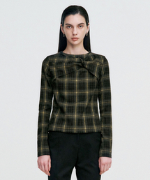 Twisted Check High-neck Top _ KHAKI