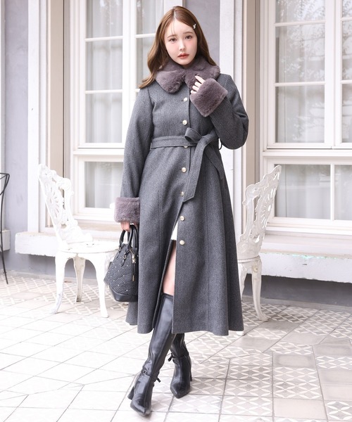 サイズ展開あり】襟袖フェイクファーロングコート（ステンカラーコート