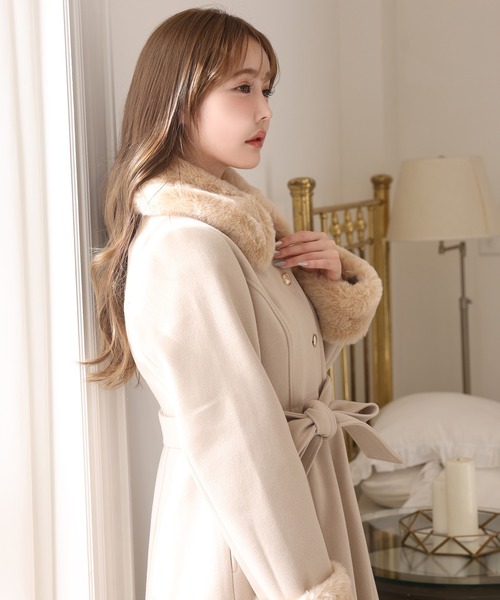 セール】【サイズ展開あり】襟袖フェイクファーロングコート（ステン