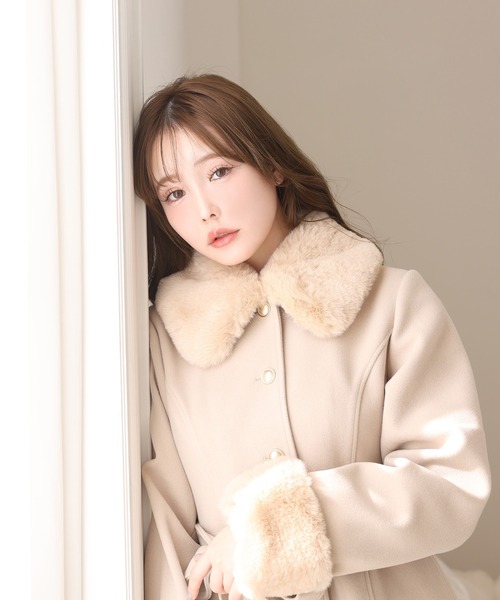 セール】【サイズ展開あり】襟袖フェイクファーロングコート（ステン