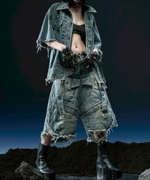 RICH（リッチ）の「【RICH】Knight Wide Waxed Short Pants / 【リッチ】デザインデニムダメージハーフパンツ（デニムパンツ）」