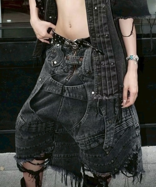 DRKSHDW ダメージ加工ハーフデニムパンツ RICH（リッチ）の「【RICH】Knight Wide Waxed Short Pants / 【リッチ