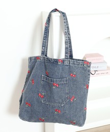 チェリー刺繍デニムトートバッグ
