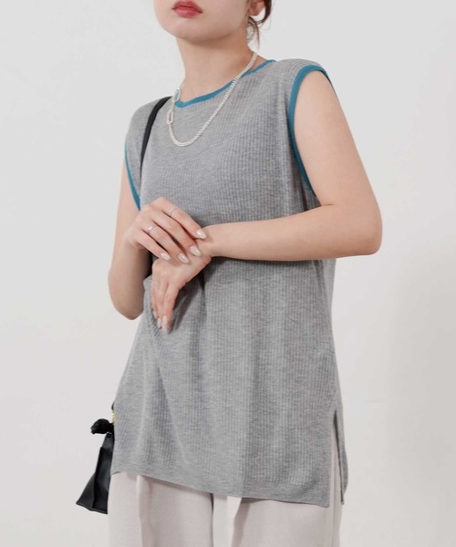 Bulue.(ブルー)の「【Bulue.】麻タッチ配色ニットノースリーブトップス(Tシャツ/カットソー・レディース・アイボリー/ブラウン/チャコールグレー/杢グレー・FREE)」の3枚目の写真