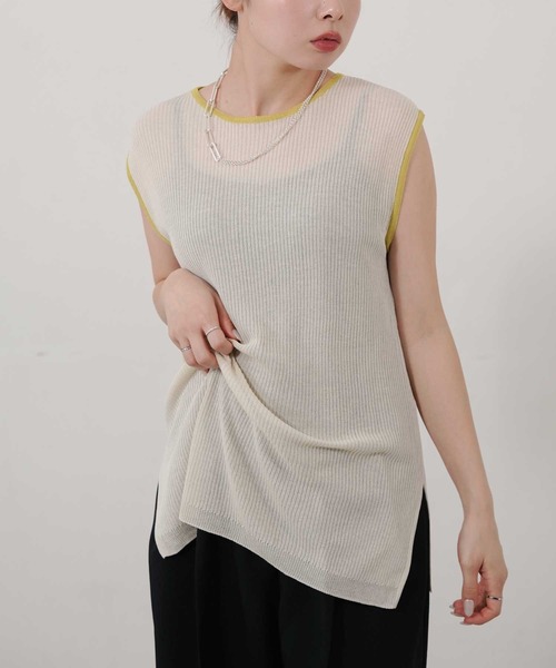 Bulue.(ブルー)の「【Bulue.】麻タッチ配色ニットノースリーブトップス(Tシャツ/カットソー・レディース・アイボリー/ブラウン/チャコールグレー/杢グレー・FREE)」の2枚目の写真
