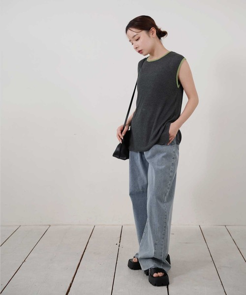 Bulue.(ブルー)の「【Bulue.】麻タッチ配色ニットノースリーブトップス(Tシャツ/カットソー・レディース・アイボリー/ブラウン/チャコールグレー/杢グレー・FREE)」の21枚目の写真