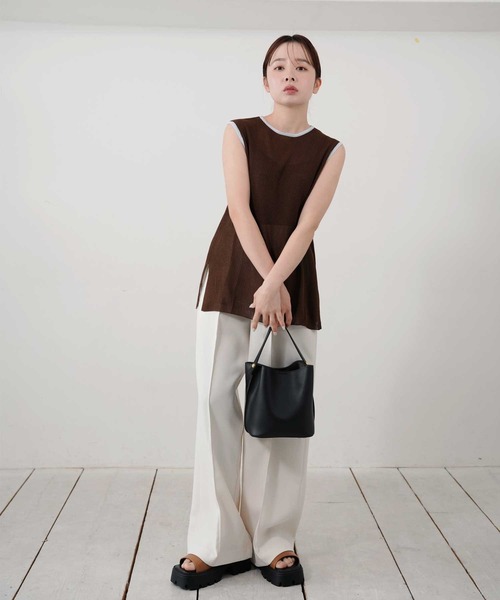 Bulue.(ブルー)の「【Bulue.】麻タッチ配色ニットノースリーブトップス(Tシャツ/カットソー・レディース・アイボリー/ブラウン/チャコールグレー/杢グレー・FREE)」の15枚目の写真