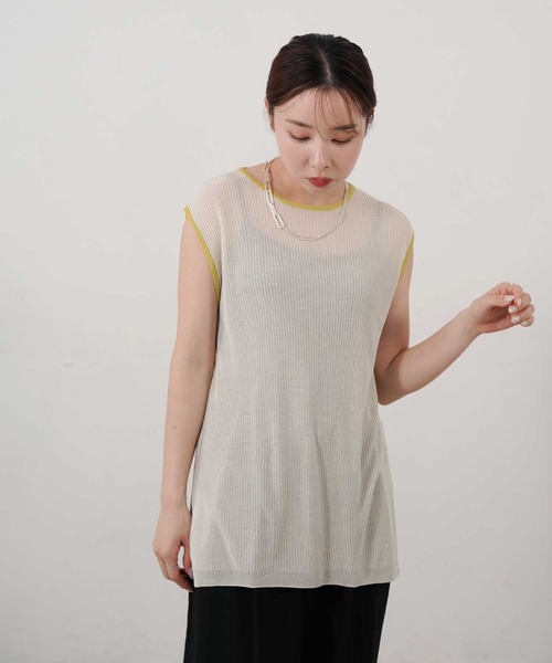 Bulue.(ブルー)の「【Bulue.】麻タッチ配色ニットノースリーブトップス(Tシャツ/カットソー・レディース・アイボリー/ブラウン/チャコールグレー/杢グレー・FREE)」の9枚目の写真